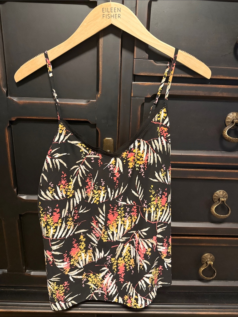 Eileen Fisher Black Floral-Print Spaghetti-Strap Camisole